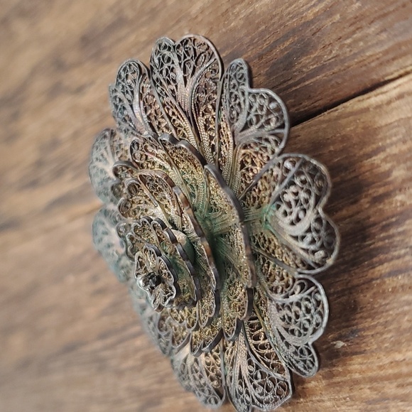 Antique sterling silver layer lace flower‎ brooch RARE B125 - Picture 2 of 5